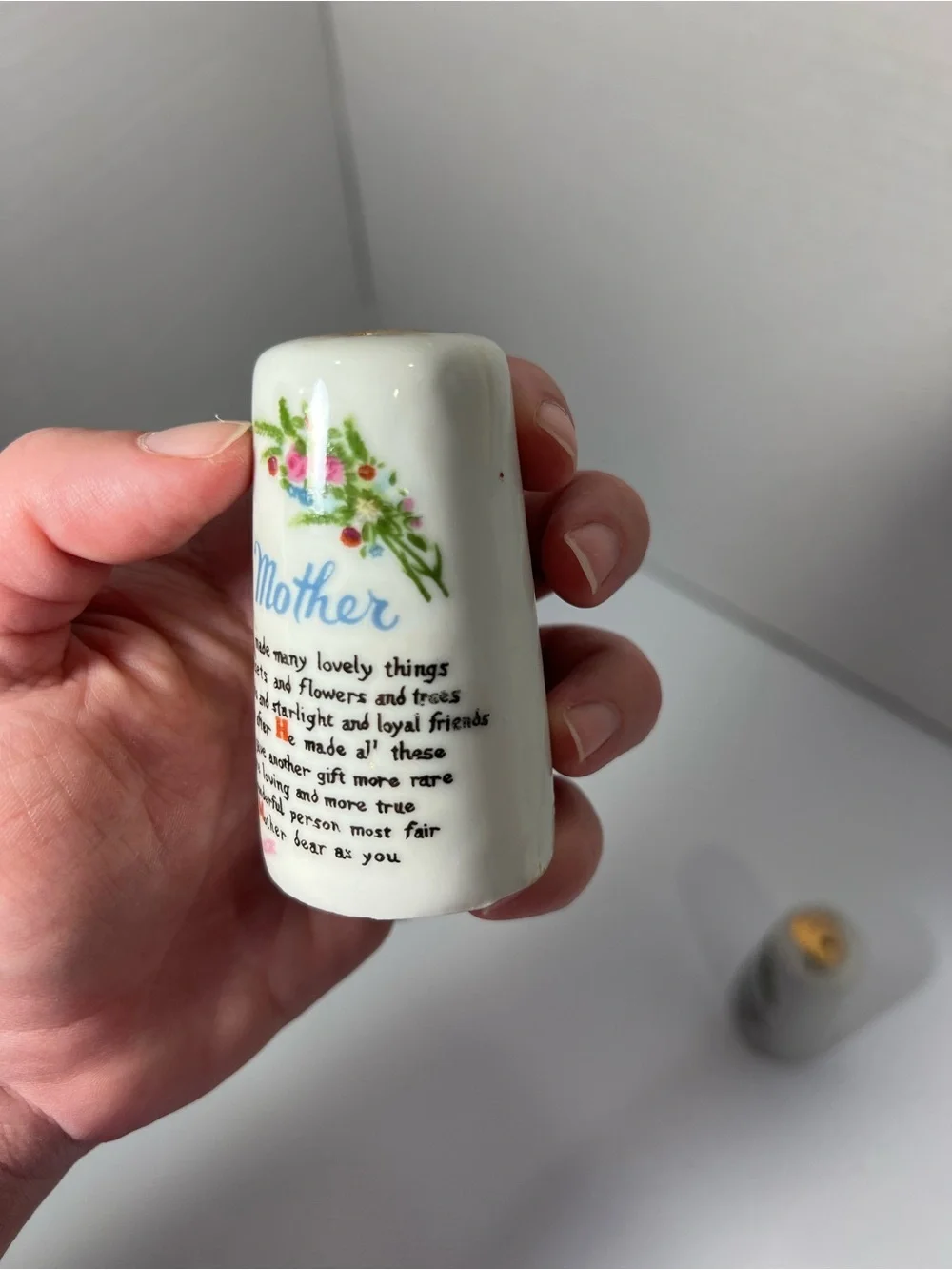 Vintage Porcelain Mother Poem/Tribute Salt & Pepper Shaker